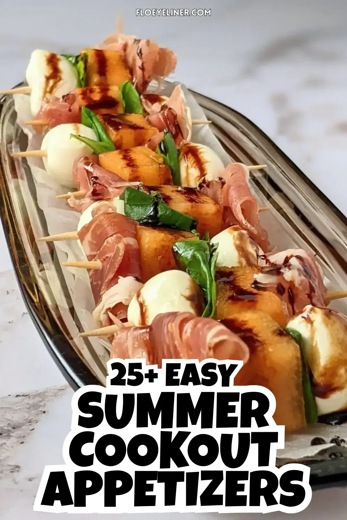 Melon Prosciutto Mozzarella Skewers With Balsamic Glaze - easy toothpick appetizers and finger foods made with melon, prosciutto & mini mozzarella balls, topped with a balsamic glaze.
