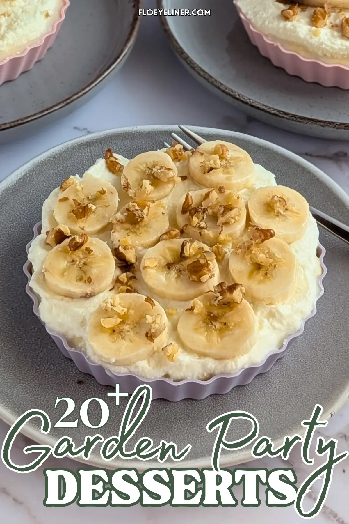 Mini Banana Cream Pies - mini no bake banana cream pies made with a crispy low-sugar vanilla biscuit crumbs and butter crust, layered with fresh bananas, filled with a homemade vanilla custard, and topped with whipped cream, sliced bananas, and crushed walnuts.