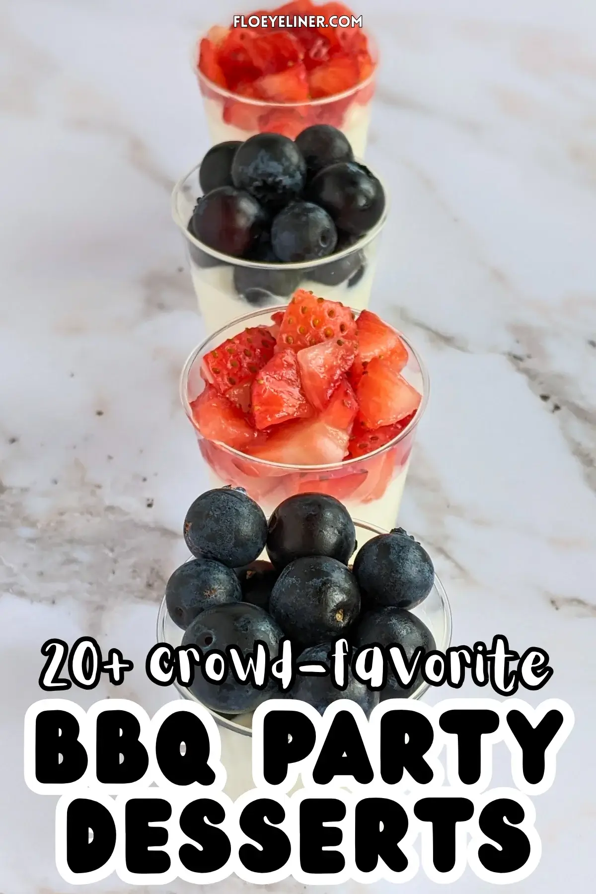Mini Dessert Shooters With Blueberries and Strawberries - easy mini desserts in shot glasses with a layer of mascarpone and Greek yogurt filling and topped with either fresh strawberries or blueberries.