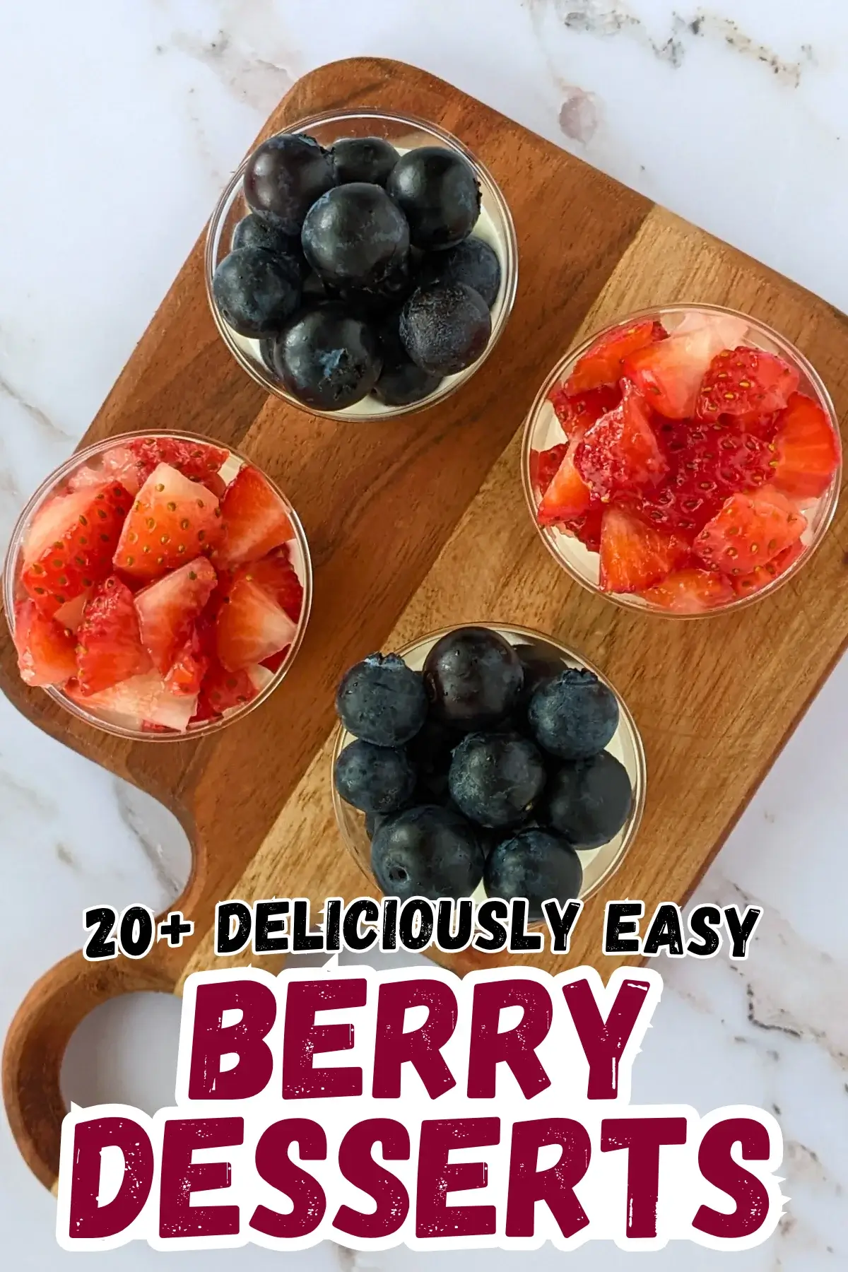 Mini Dessert Shooters With Blueberries and Strawberries - easy mini desserts in shot glasses with a layer of mascarpone and Greek yogurt filling and topped with either fresh strawberries or blueberries.