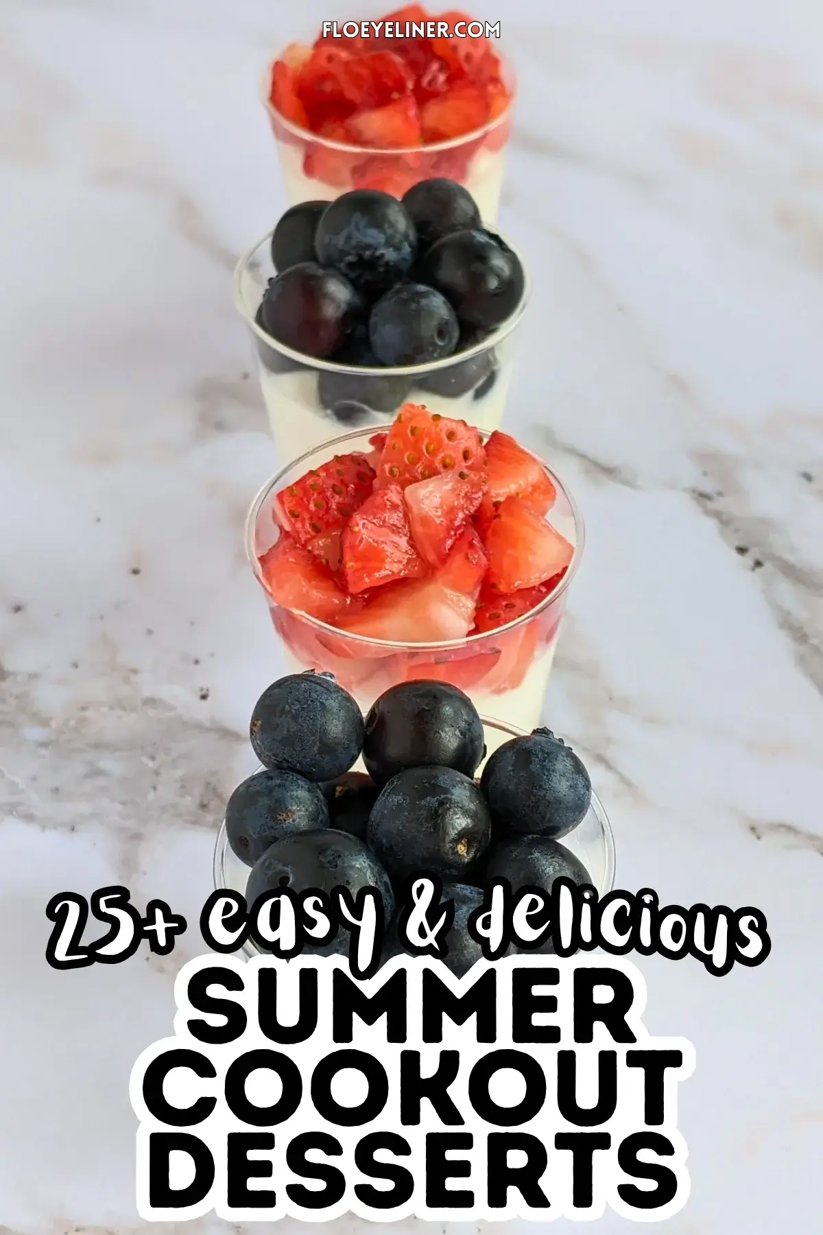 Mini Dessert Shooters With Blueberries and Strawberries - easy mini desserts in shot glasses with a layer of mascarpone and Greek yogurt filling and topped with either fresh strawberries or blueberries.