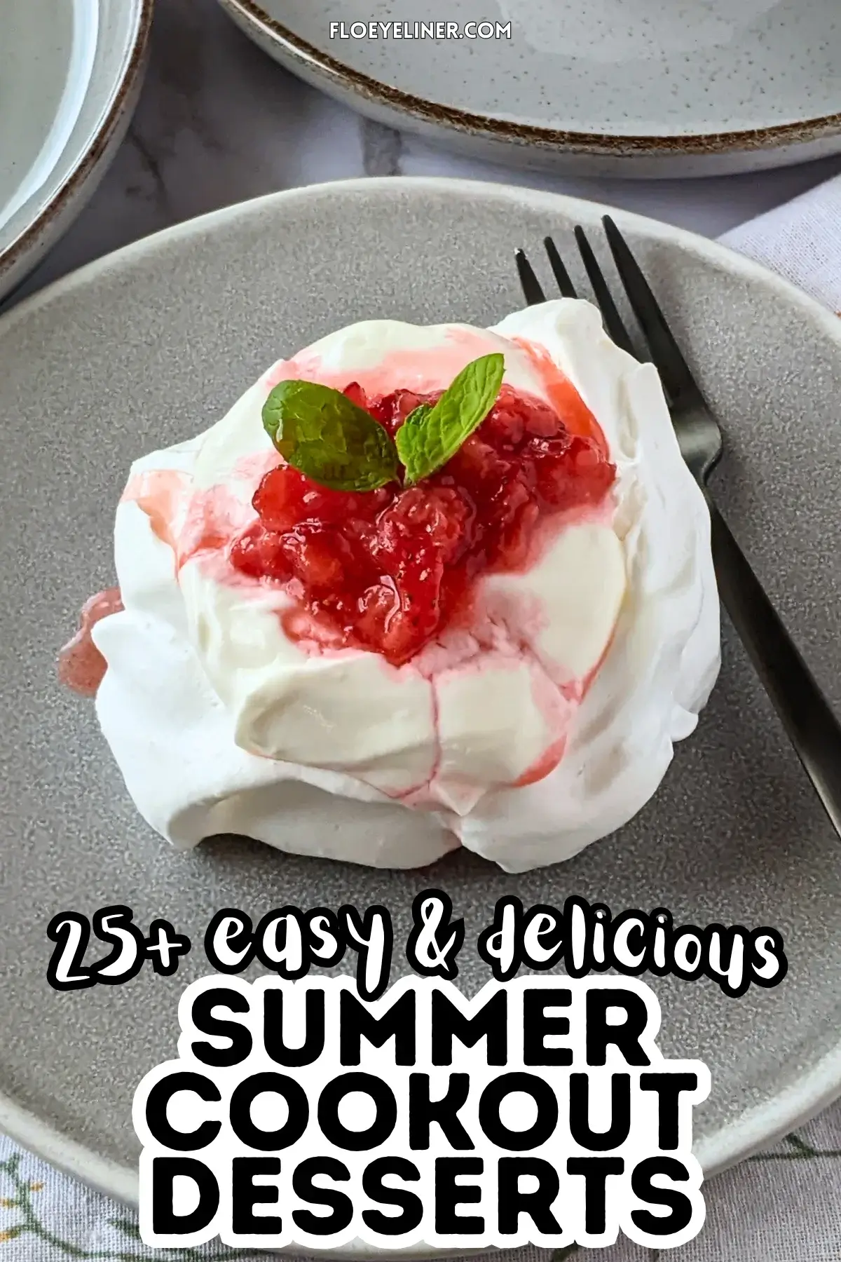 Mini Strawberry Pavlovas With Whipped Greek Yogurt - mini pavlova nests filled with freshly crushed strawberries and a whipped cream-Greek yogurt mix, topped with more crushed strawberries and strawberry juice for garnish.