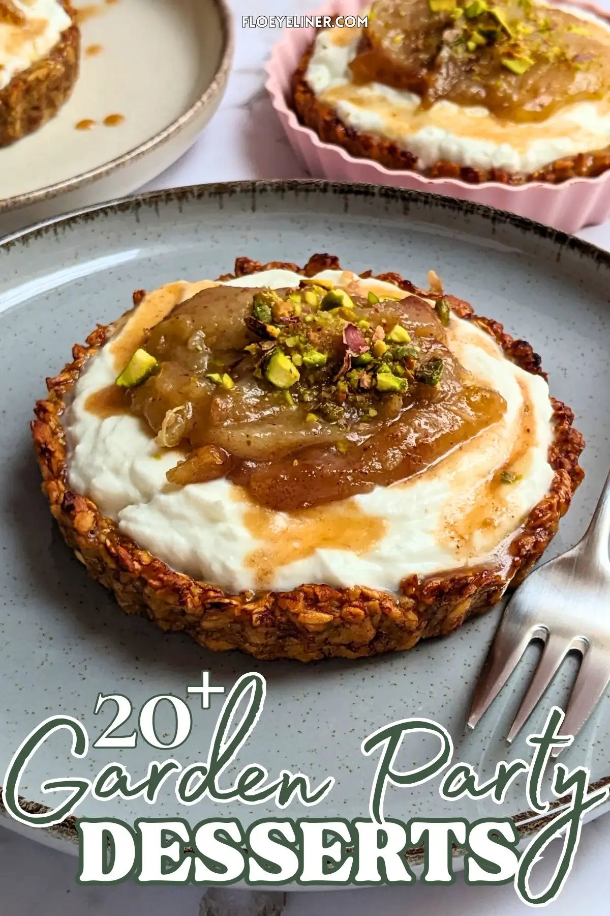 Mini Tarts With Whipped Ricotta and Poached Pears - mini dessert tarts made with homemade banana-honey-rolled oats bases, filled with a creamy ricotta and whipped cream filling, and topped with freshly roasted cinnamon-maple syrup pears.