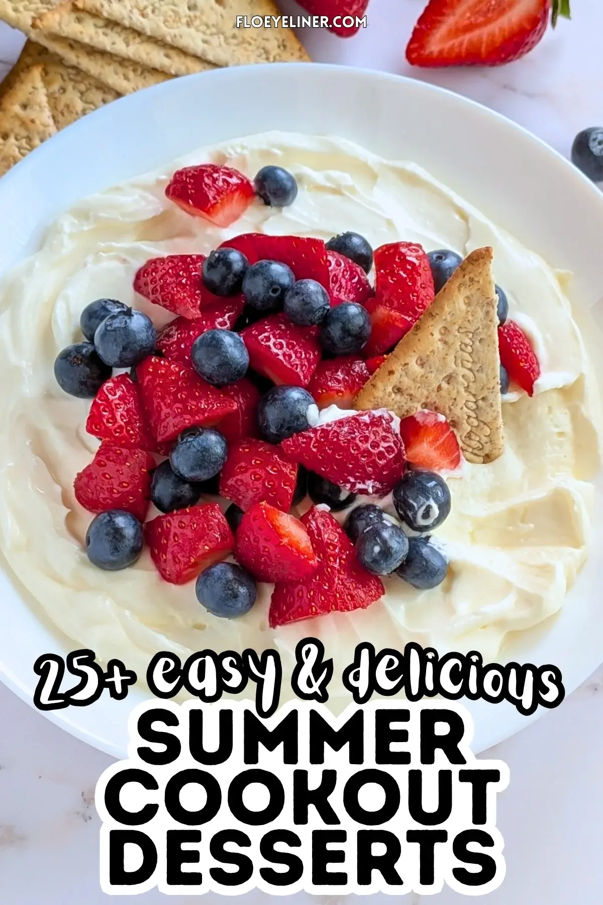 Mixed Berry Cheesecake Dessert Dip - fluffy cheesecake dip dessert made with cream cheese, heavy whipping cream, Greek yogurt, and topped with fresh strawberries and blueberries.