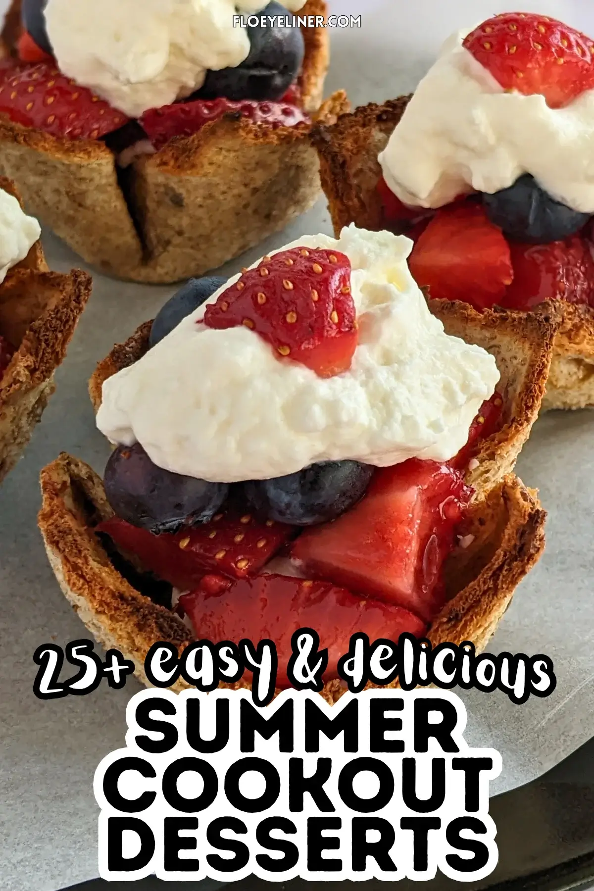 Mixed Berry Dessert Toast Cups With Whipped Cream - muffin-tin baked mini dessert cups made from white bread, filled with a spoon of sweet ricotta and mixed berries like strawberries and blueberries, topped with whipped cream.