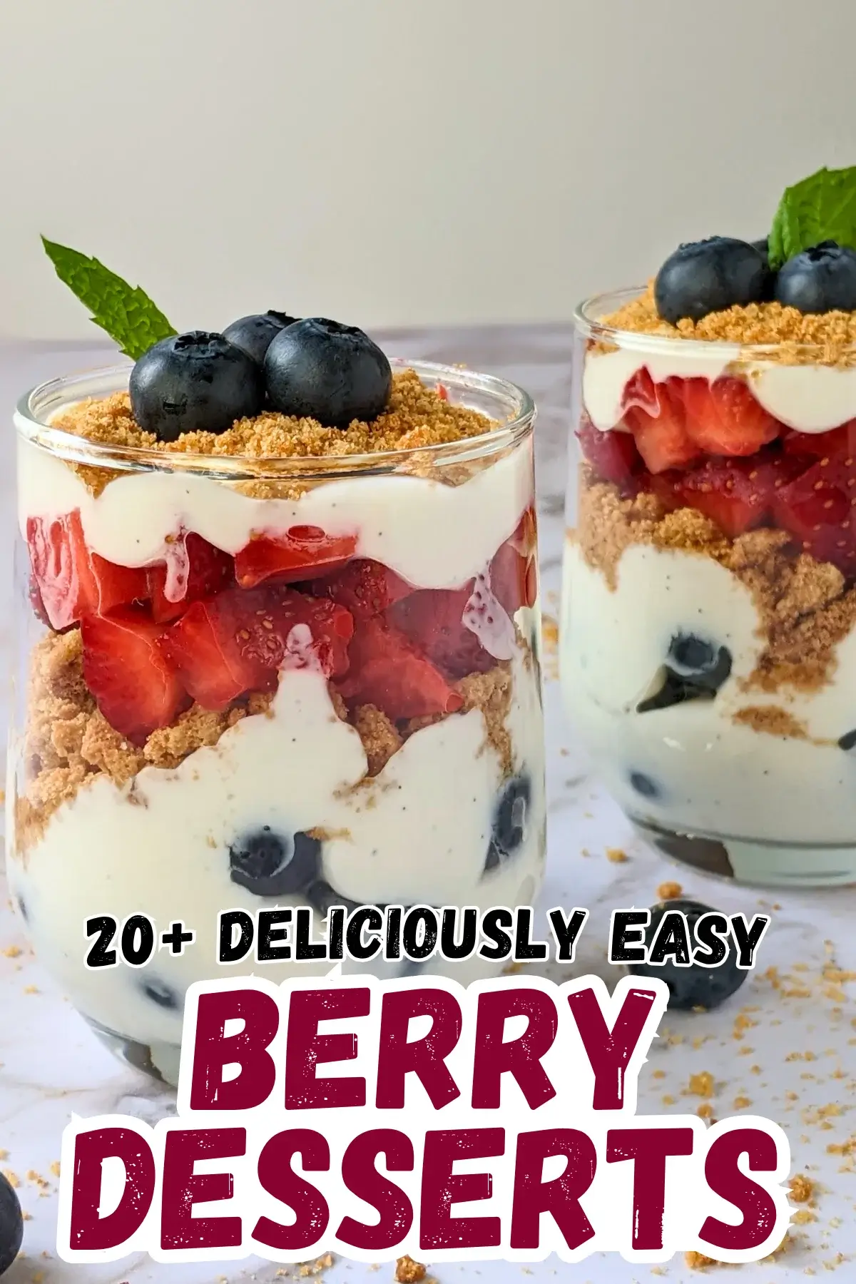 Mixed Berry Parfait Cups With Greek Yogurt - blueberry and strawberry parfait cups with layers of Greek yogurt, fresh berries, and oat cookies.