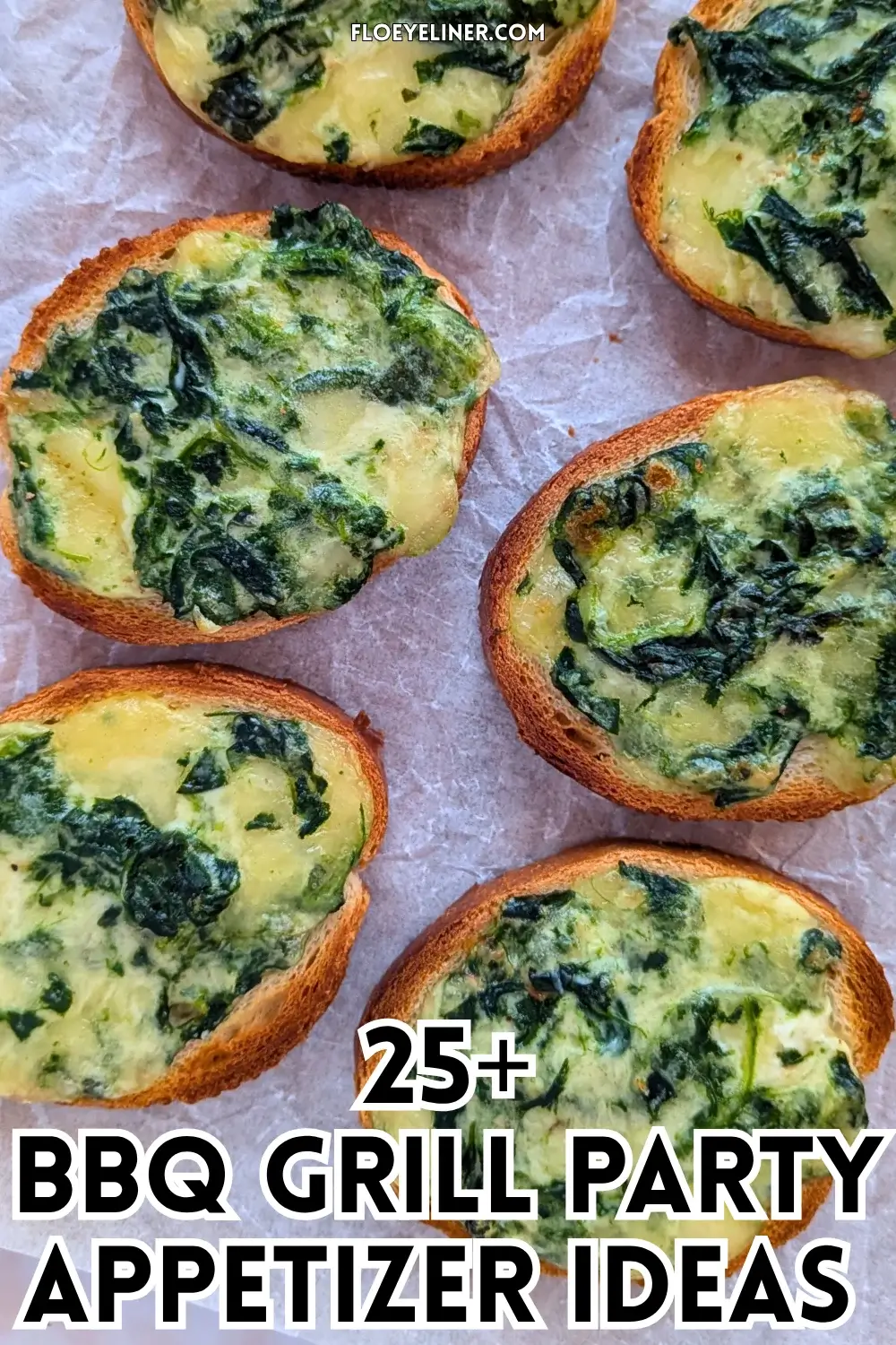 Mozzarella and Spinach Crostini Appetizers - oven baked mini toasts topped with a creamy, cheesy mozzarella, cream cheese, and spinach spread.