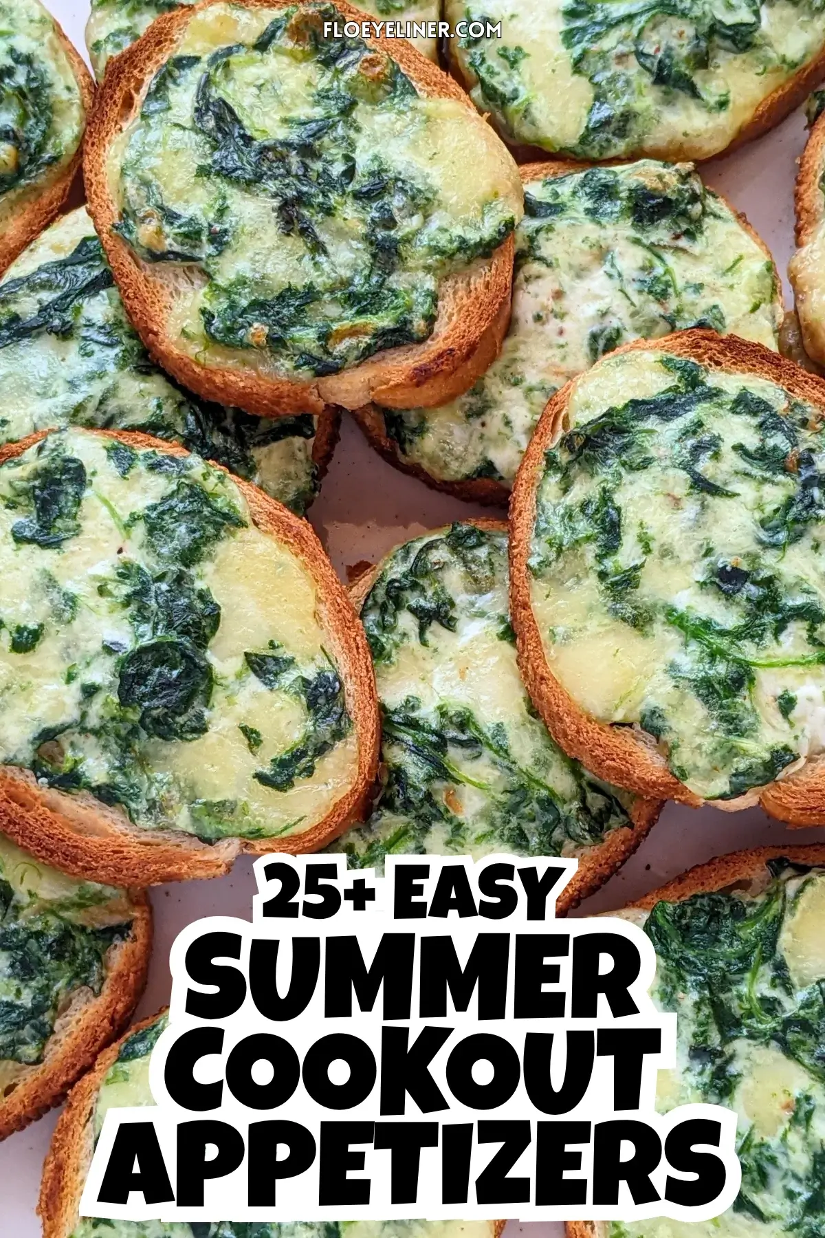 Mozzarella and Spinach Crostini Appetizers - oven baked mini toasts topped with a creamy, cheesy mozzarella, cream cheese, and spinach spread.