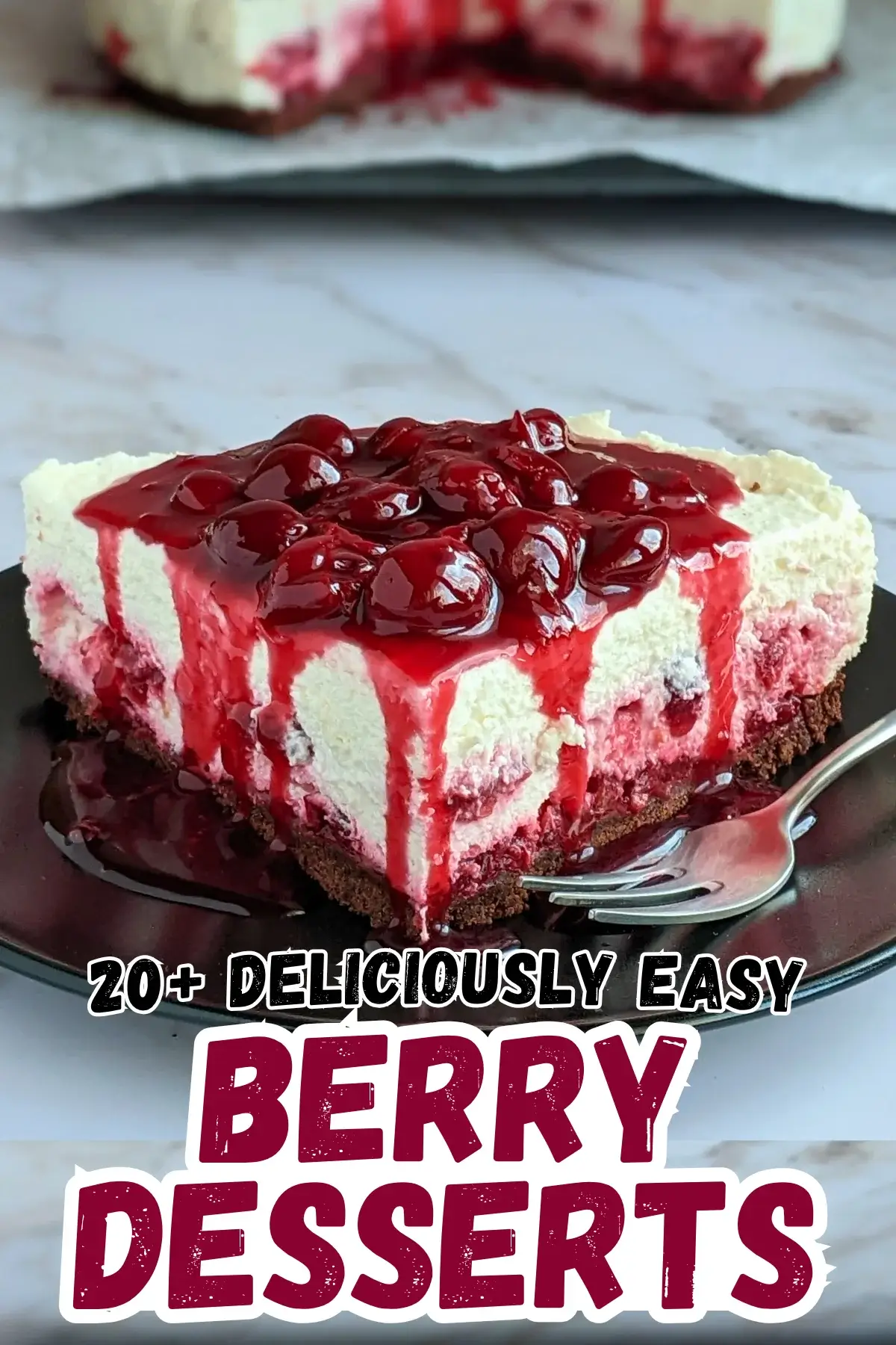 No Bake Cheesecake With Cherry Topping - easy no bake cheesecake on a chocolate cookie crumb base, made with fluffy whipped cream and cottage cheese, and topped with homemade cherry compote.