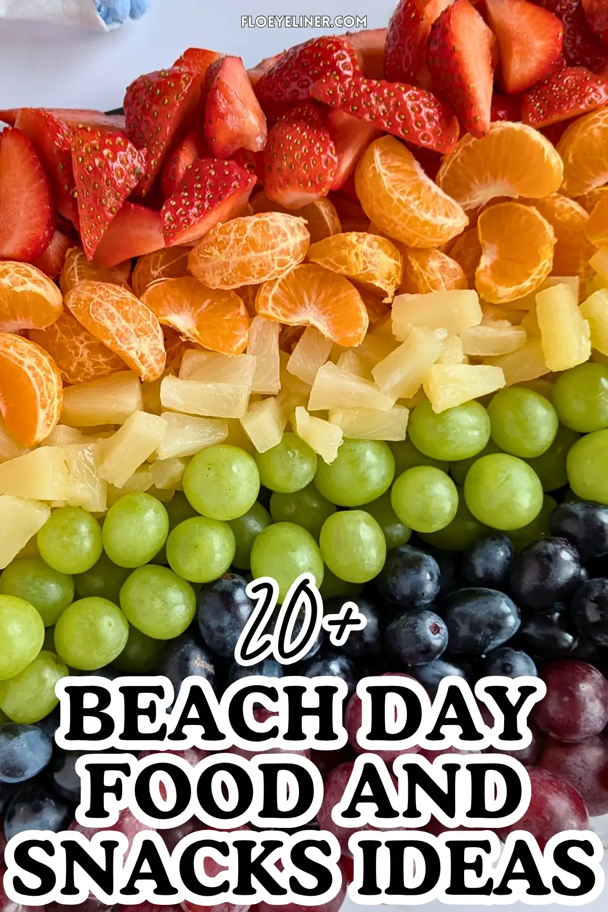 Rainbow Fruit Tray - colorful fruit platter in rainbow colors made with fruits and berries like strawberries, mandarin segments, canned pineapple pieces, green grapes, blue grapes, and dark red grapes.
