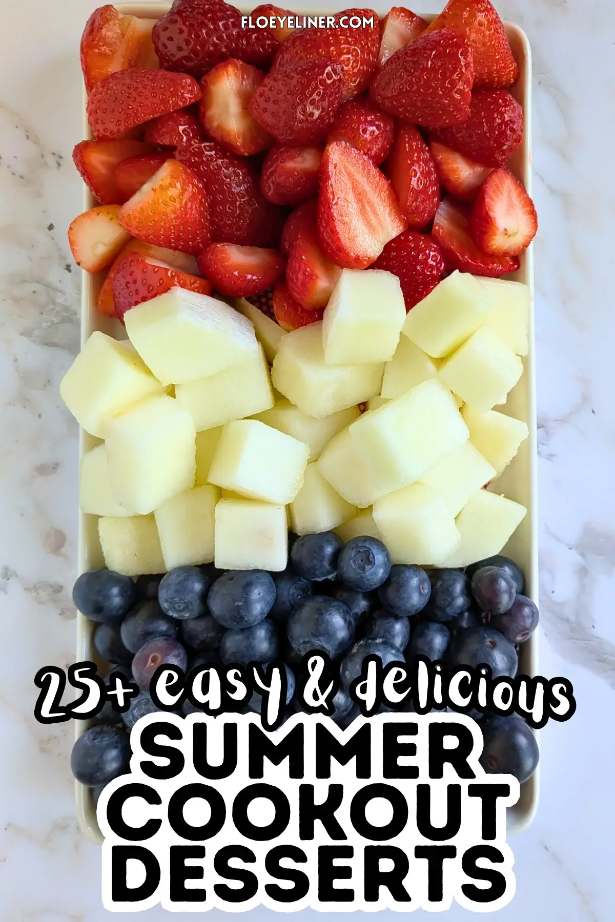 Red, White and Blue Fruit Tray - easy festive party fruit platter made with cut red strawberries, white honeydew melon, and blue blueberries for a red, white, and blue themed summer dessert or snack board.