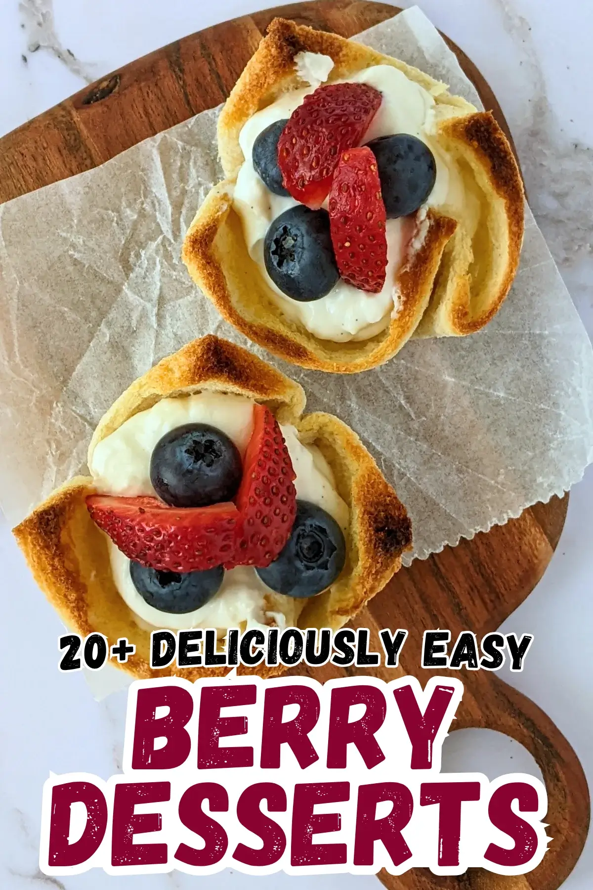 Ricotta and Mixed Berry Dessert Toast Cups - muffin-tin baked mini dessert cups made from white bread, filled with sweet ricotta and topped with fresh mixed berries like strawberries and blueberries.