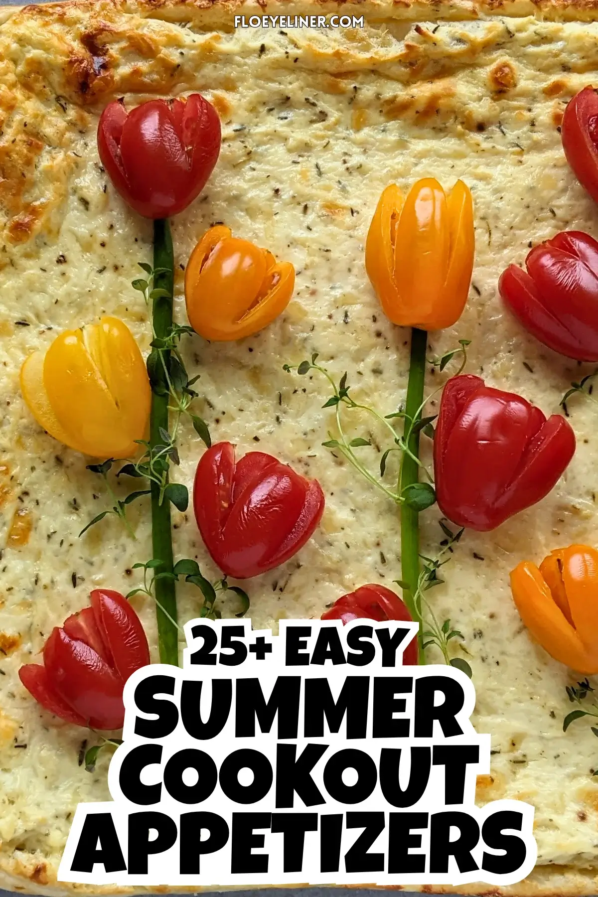 Savory Ricotta Puff Pastry Tart With Cherry Tomato Flowers - spring-themed puff pastry appetizer or dinner tart topped with a garlicky ricotta and grated Pecorino and cheese filling, topped with fresh red, orange, and yellow cherry tomatoes cut into shapes of tulips with green onions for stems and fresh thyme sprigs for leaves.