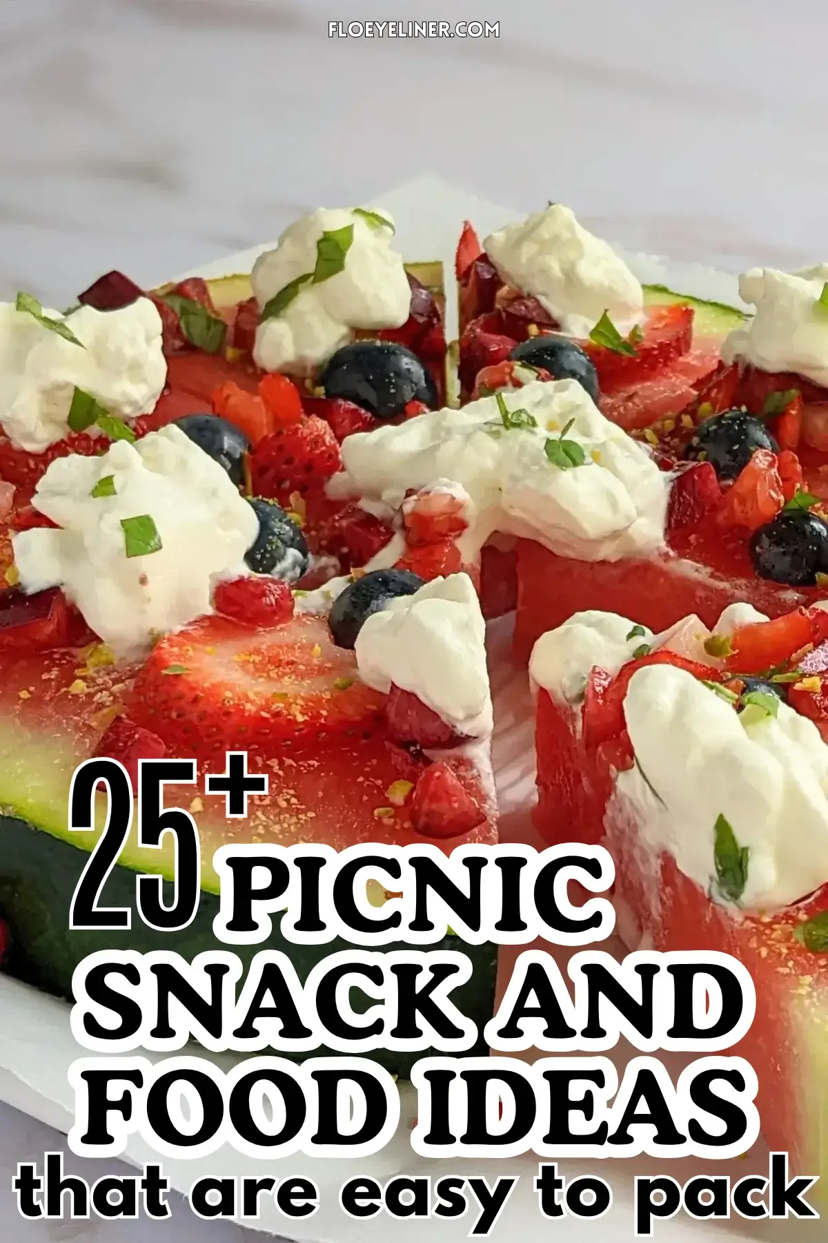 Watermelon Fruit Pizza With Berries and Whipped Cream - fruity dessert pizza on a base of a fresh watermelon slice, topped with blueberries, strawberries, cherries, dollops of whipped cream, and crushed pistachios.