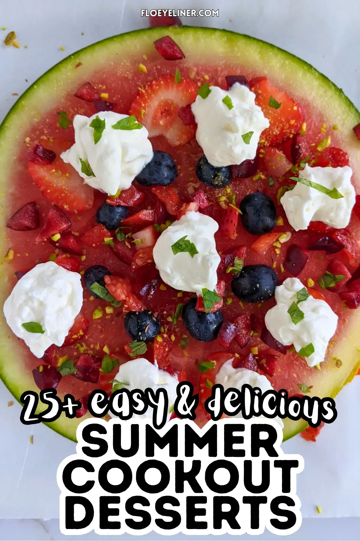 Watermelon Fruit Pizza With Berries and Whipped Cream - fruity dessert pizza on a base of a fresh watermelon slice, topped with blueberries, strawberries, cherries, dollops of whipped cream, and crushed pistachios.