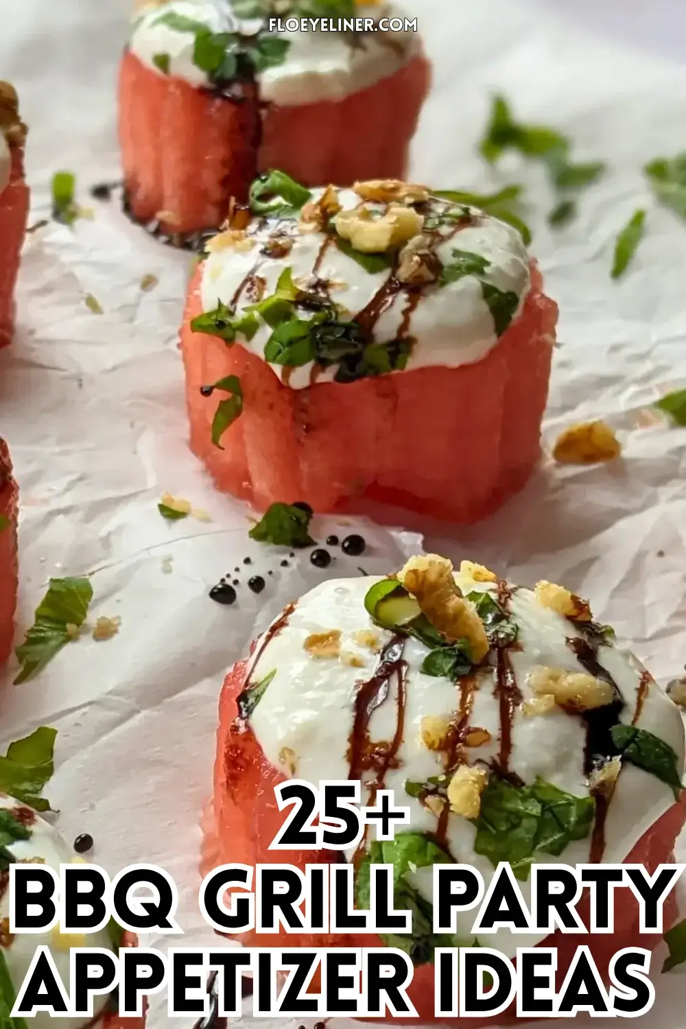 Watermelon Goat Cheese Appetizers - fresh watermelon bites topped with a whipped goat cheese-Greek yogurt cream, served with balsamic glaze, fresh mint, and crushed walnuts.