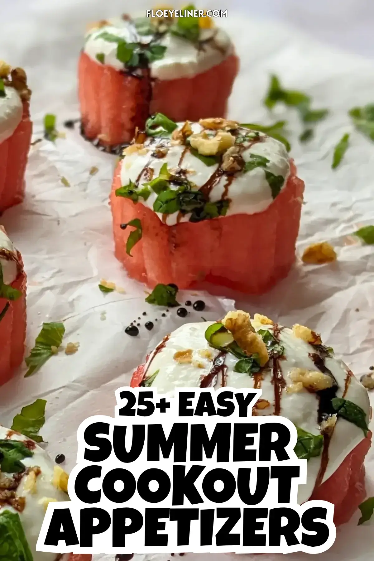 Watermelon Goat Cheese Appetizers - fresh watermelon bites topped with a whipped goat cheese-Greek yogurt cream, served with balsamic glaze, fresh mint, and crushed walnuts.