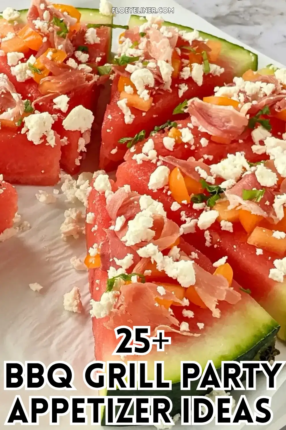Watermelon Pizza with Melon, Prosciutto, and Feta - savory watermelon pizza appetizer or snack on a base of a fresh watermelon slice, topped with torn prosciutto pieces, pieces of melon, crumbled feta, and shredded fresh basil.