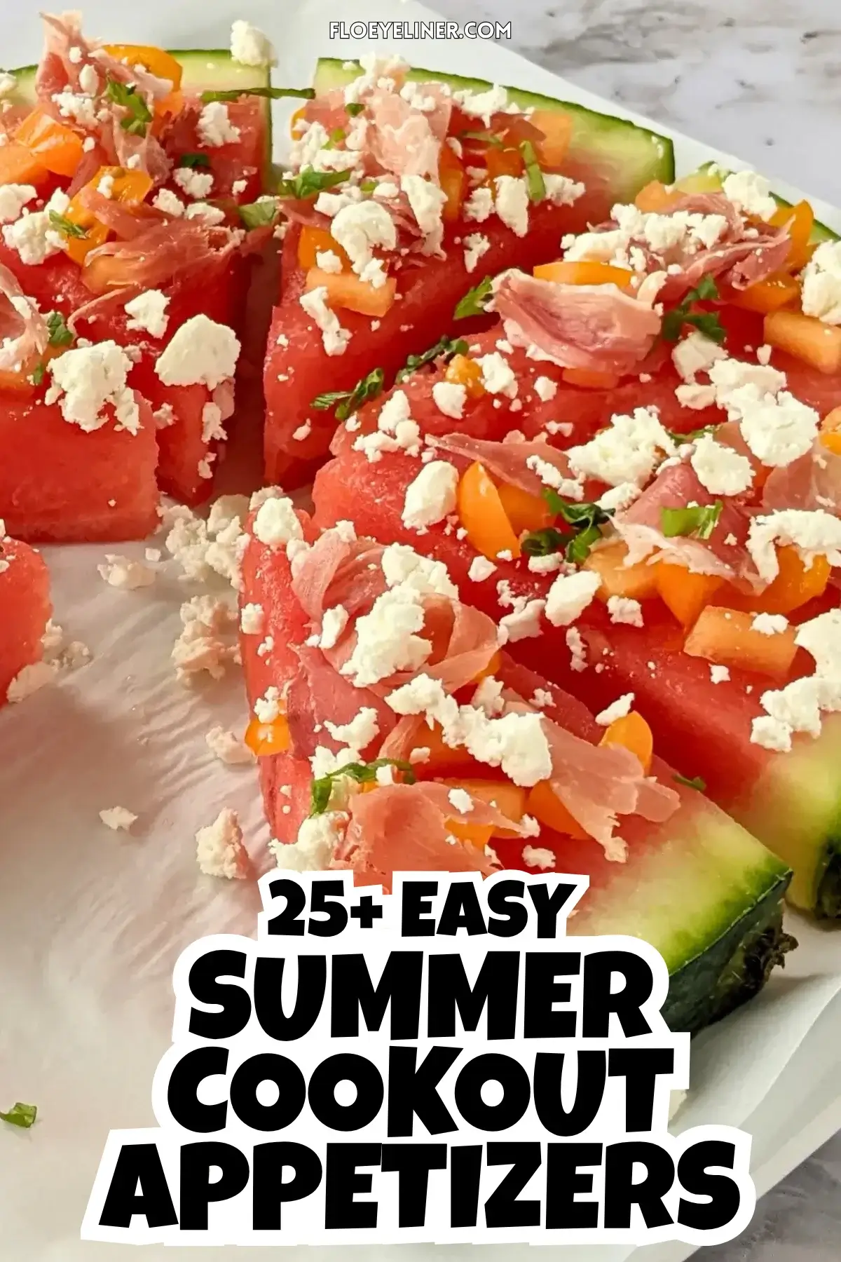 Watermelon Pizza with Melon, Prosciutto, and Feta - savory watermelon pizza appetizer or snack on a base of a fresh watermelon slice, topped with torn prosciutto pieces, pieces of melon, crumbled feta, and shredded fresh basil.