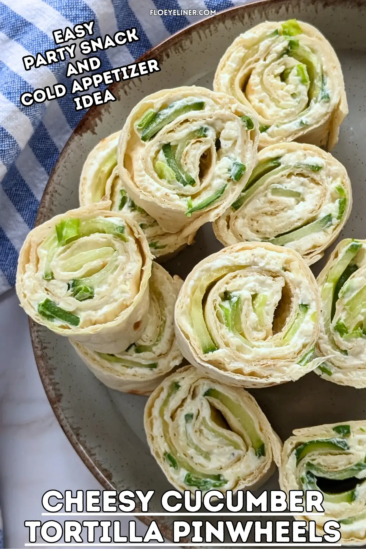 Cheesy Cucumber Tortilla Pinwheels - tortilla roll ups filled with a cream cheese, grated cheese, and chopped fresh green onions mix, layered with slices of cucumber.