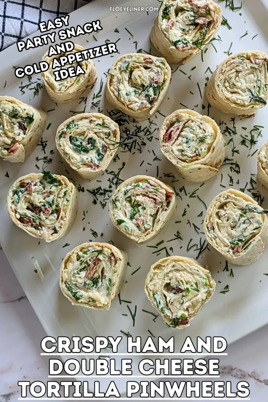 Crispy Ham and Double Cheese Tortilla Pinwheels - tortilla roll ups filled with a cream cheese, grated cheese, sour cream, garlicky crispy fried ham, shredded lettuce, and freshly chopped dill mix.
