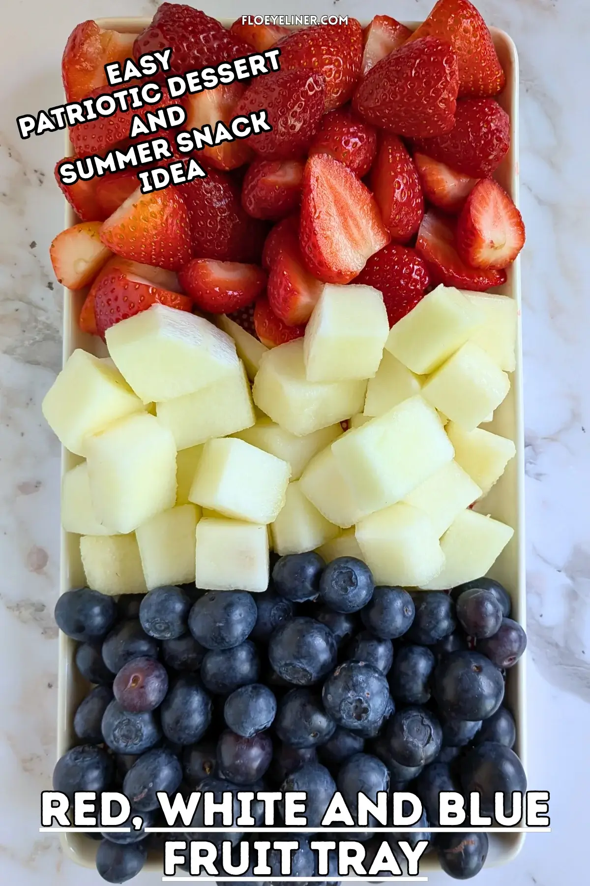 Red, White and Blue Fruit Tray - easy festive party fruit platter made with cut red strawberries, white honeydew melon, and blue blueberries for a red, white, and blue themed summer dessert or snack board.